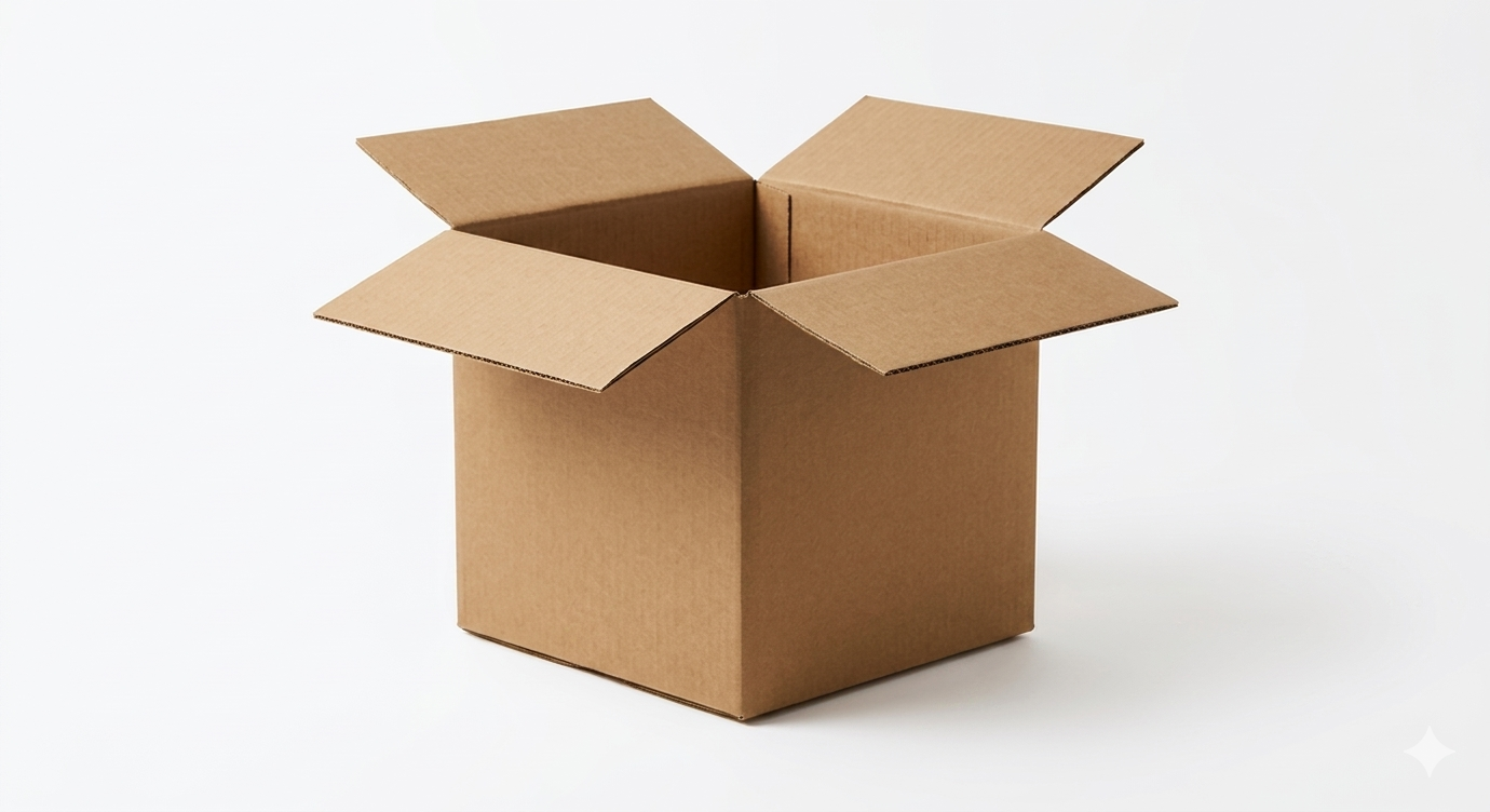 Open brown cardboard shipping box, empty corrugated paper box for packaging and moving.