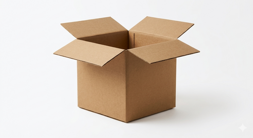 Open brown cardboard shipping box, empty corrugated paper box for packaging and moving.